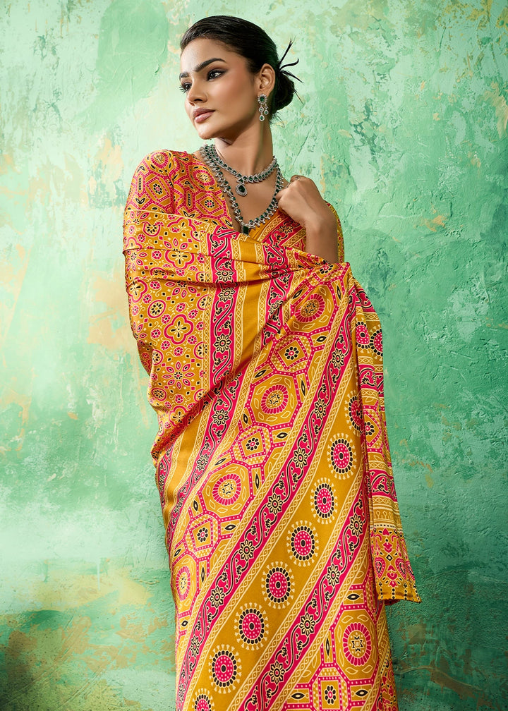 Mustard Yellow Modal Satin Ajrakh Printed Summer Saree