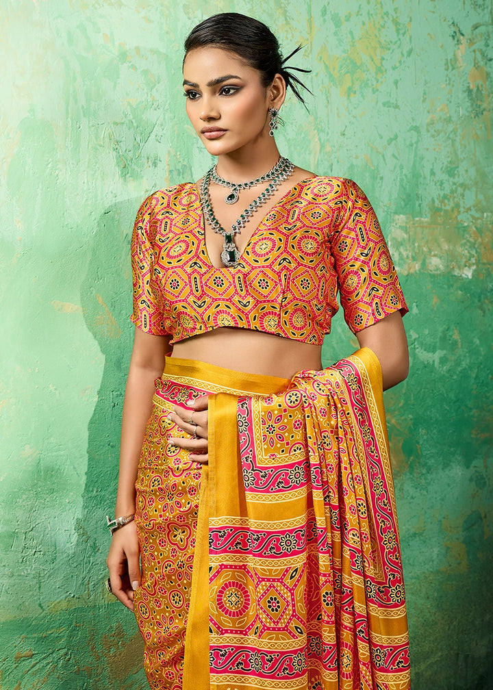 Mustard Yellow Modal Satin Ajrakh Printed Summer Saree