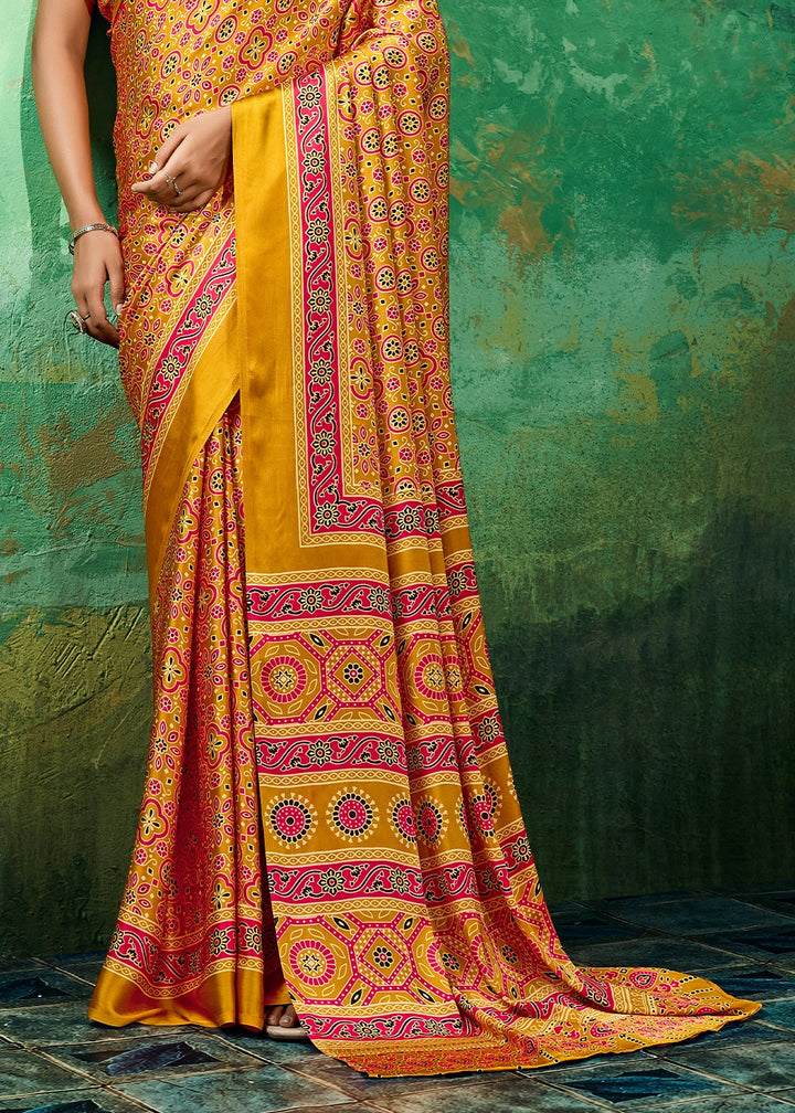 Mustard Yellow Modal Satin Ajrakh Printed Summer Saree