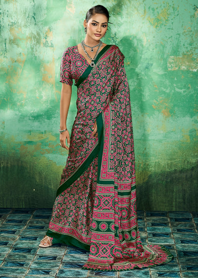 Pine Green Modal Satin Ajrakh Printed Summer Saree