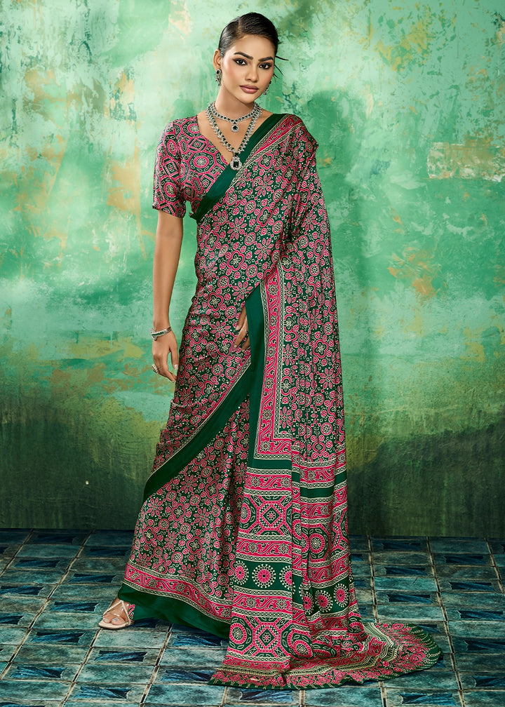 Pine Green Modal Satin Ajrakh Printed Summer Saree