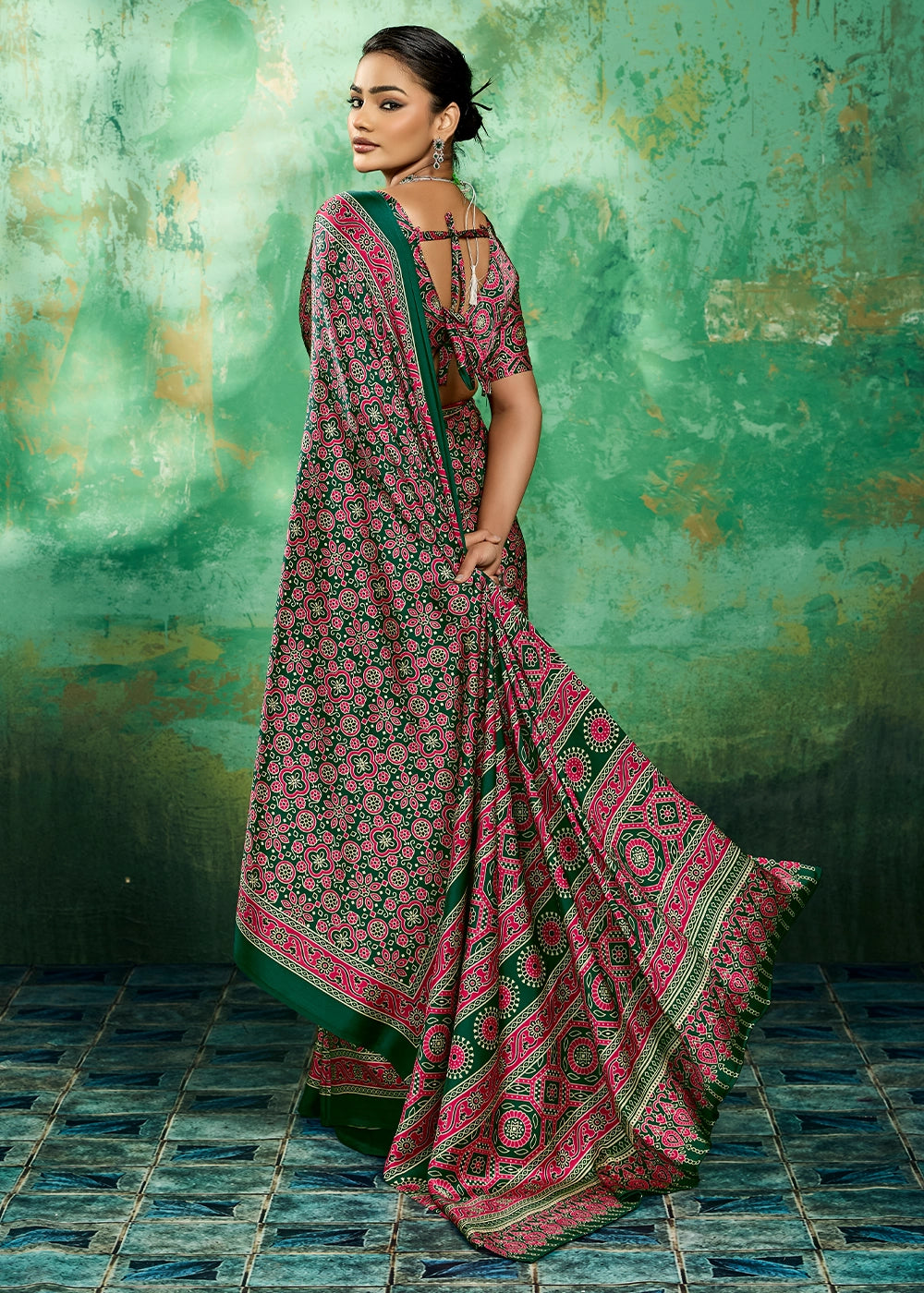 Pine Green Modal Satin Ajrakh Printed Summer Saree