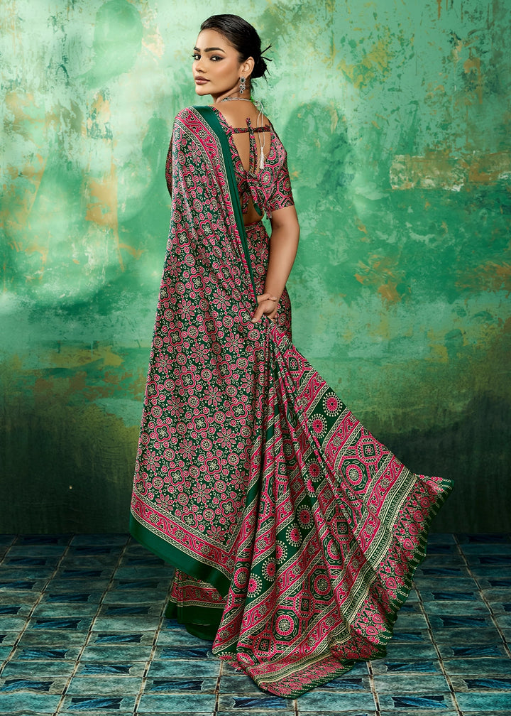 Pine Green Modal Satin Ajrakh Printed Summer Saree