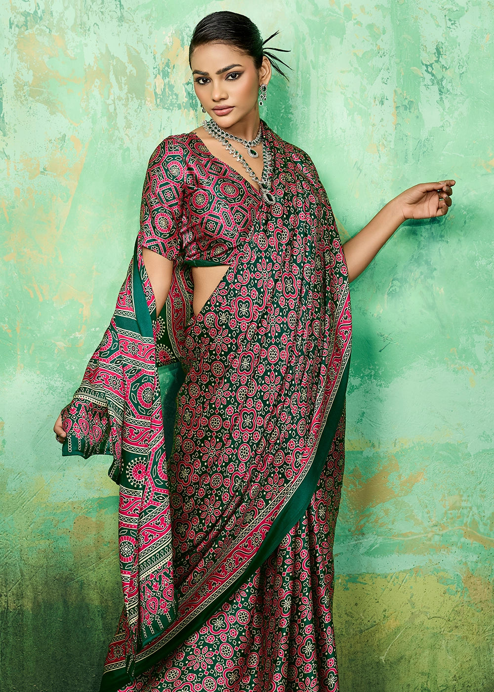 Pine Green Modal Satin Ajrakh Printed Summer Saree