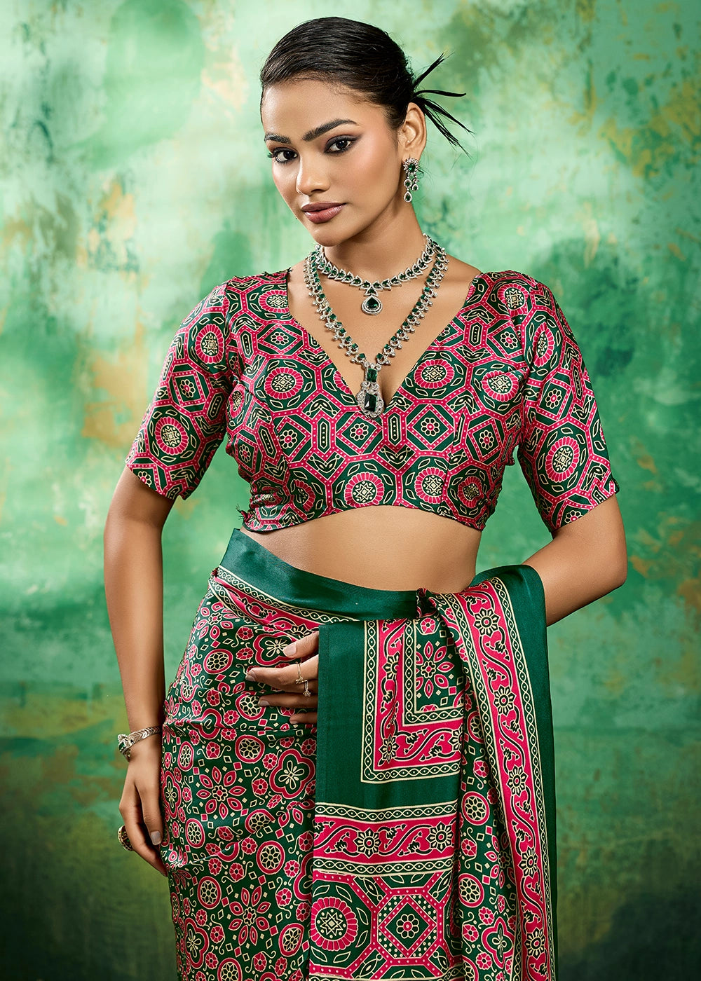 Pine Green Modal Satin Ajrakh Printed Summer Saree