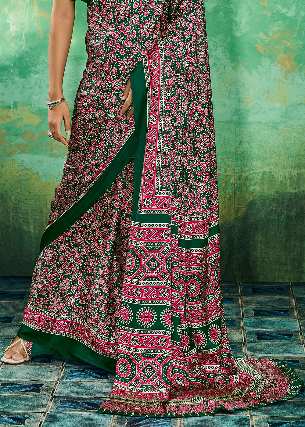 Pine Green Modal Satin Ajrakh Printed Summer Saree
