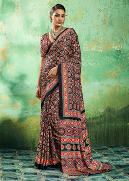 Onyx Black Modal Satin Ajrakh Printed Summer Saree