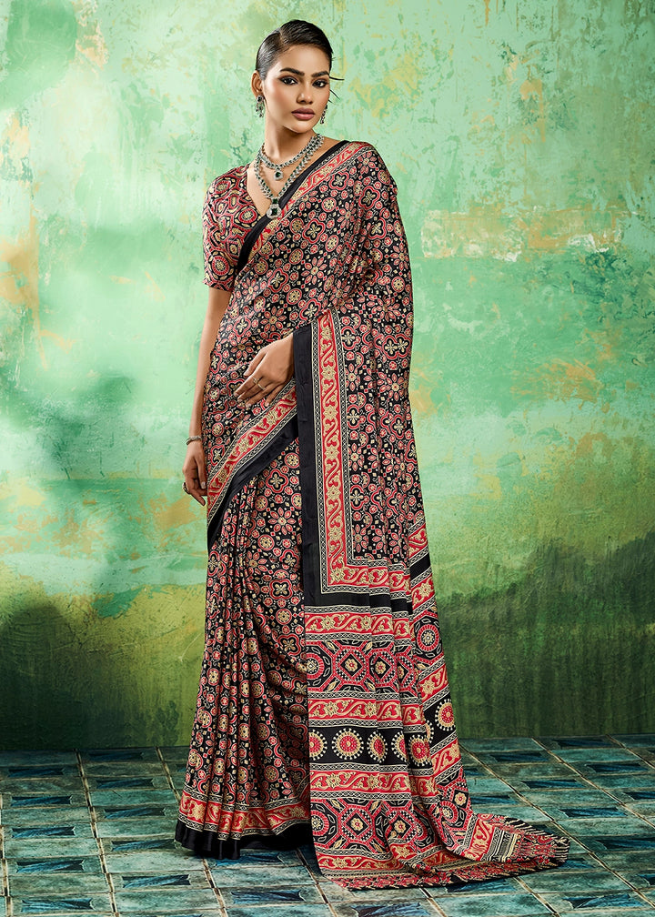 Onyx Black Modal Satin Ajrakh Printed Summer Saree