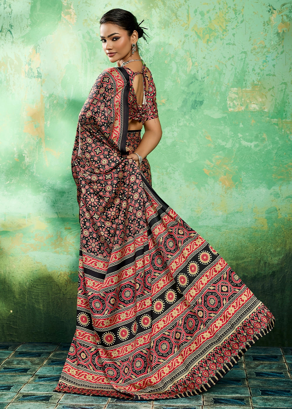 Onyx Black Modal Satin Ajrakh Printed Summer Saree