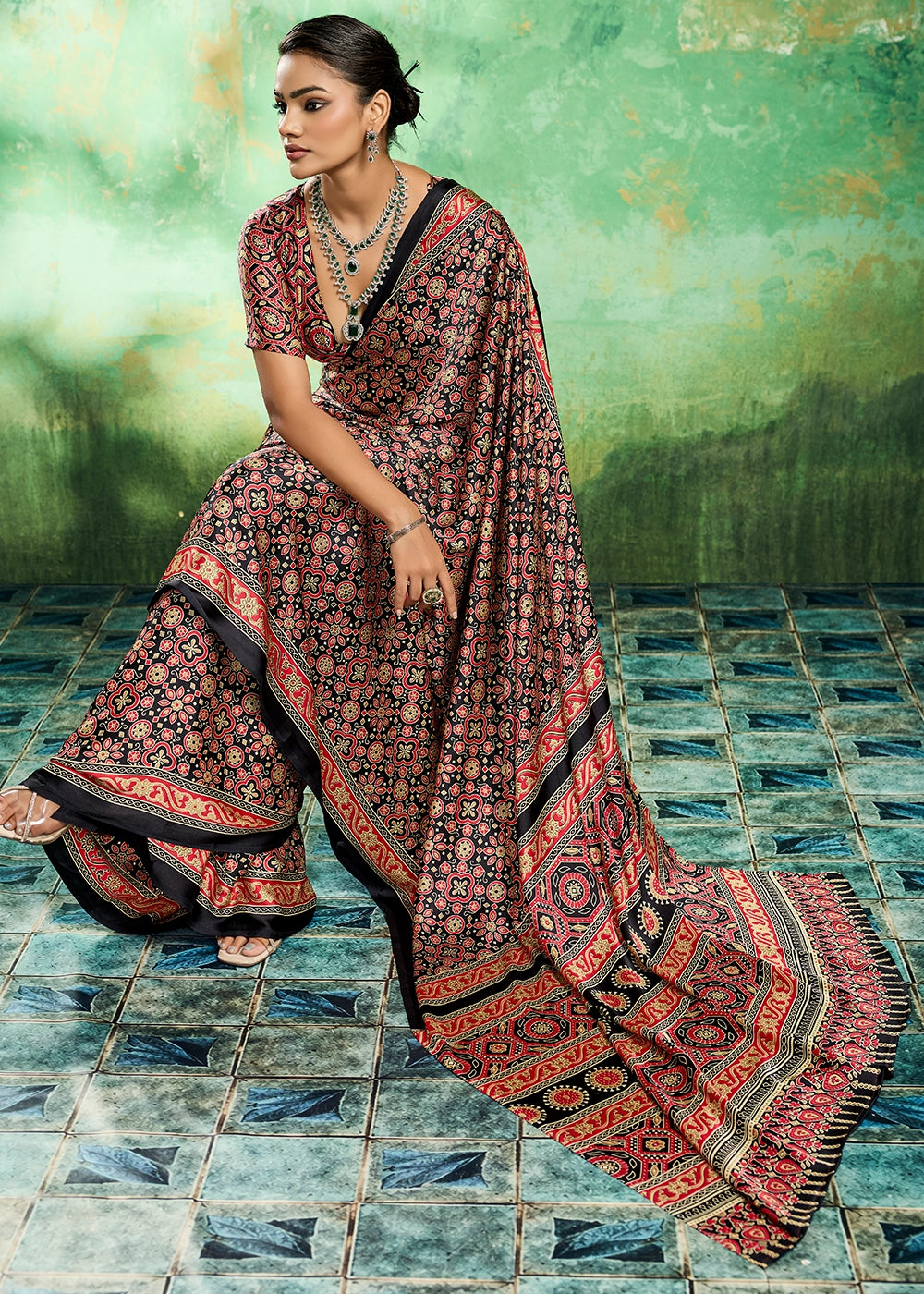 Onyx Black Modal Satin Ajrakh Printed Summer Saree