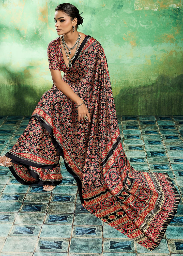 Onyx Black Modal Satin Ajrakh Printed Summer Saree