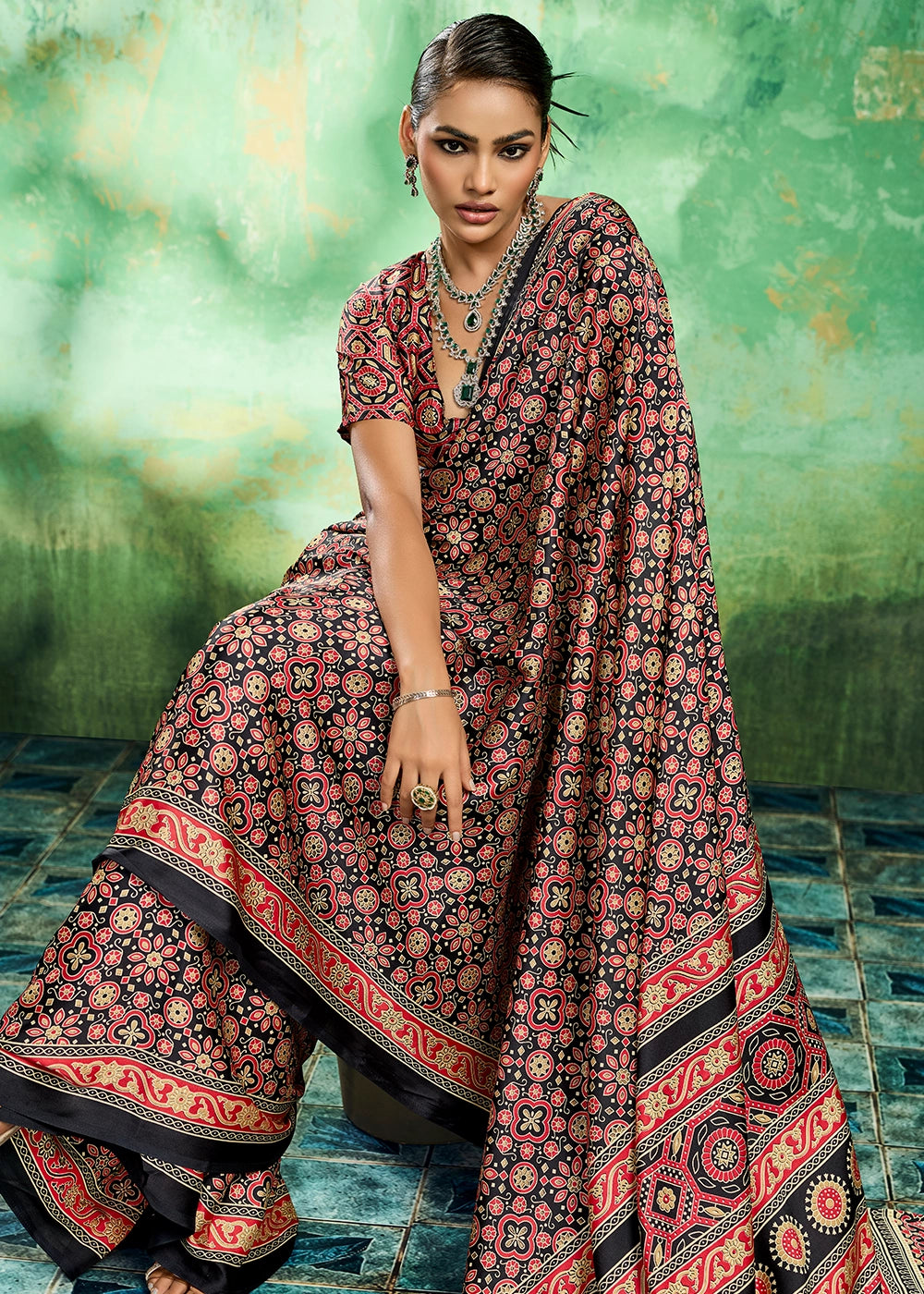 Onyx Black Modal Satin Ajrakh Printed Summer Saree