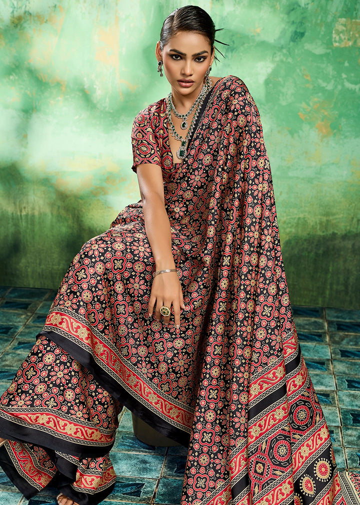 Onyx Black Modal Satin Ajrakh Printed Summer Saree