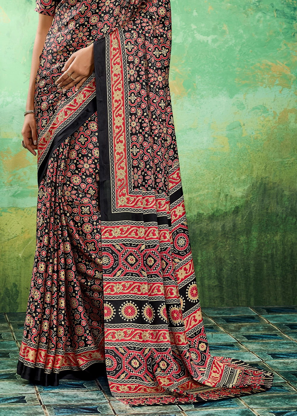 Onyx Black Modal Satin Ajrakh Printed Summer Saree