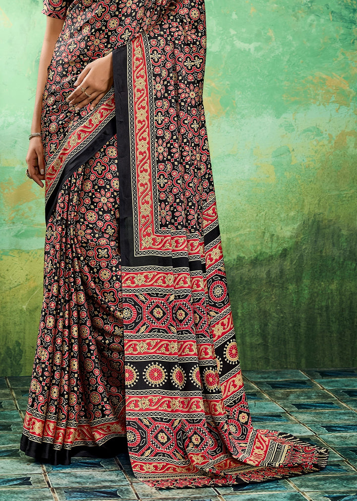 Onyx Black Modal Satin Ajrakh Printed Summer Saree