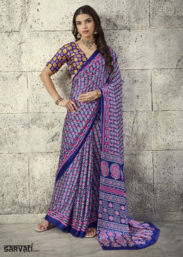 Navy Blue Modal Satin Ajrakh Print Saree with Contrast Blouse