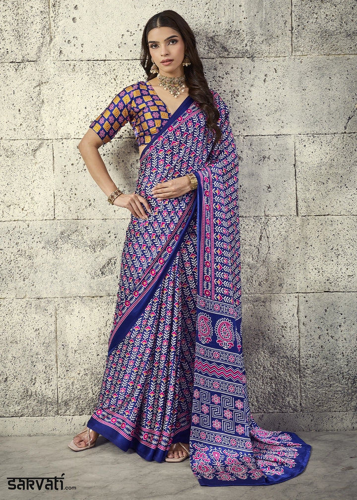 Navy Blue Modal Satin Ajrakh Print Saree with Contrast Blouse