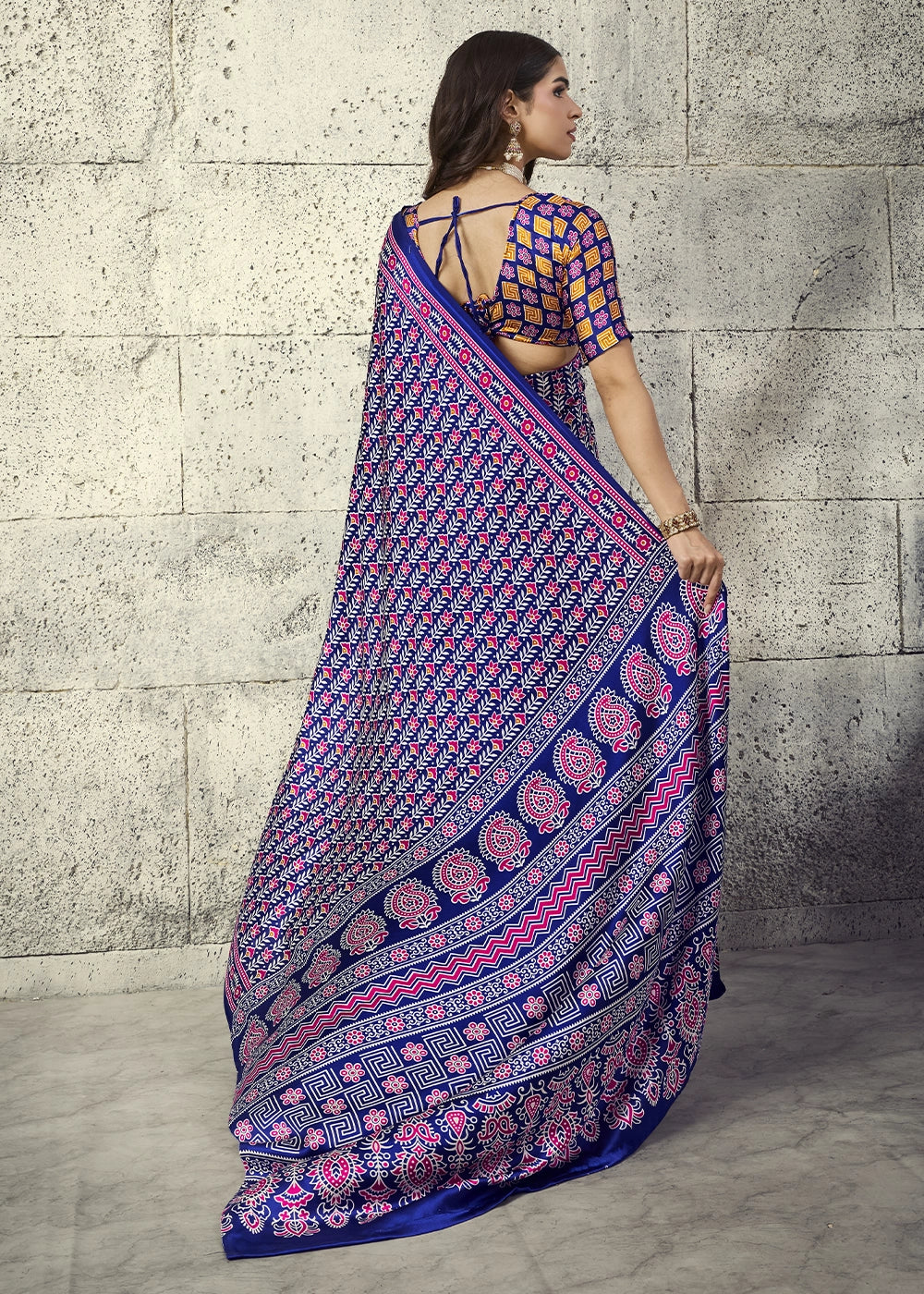 Navy Blue Modal Satin Ajrakh Print Saree with Contrast Blouse