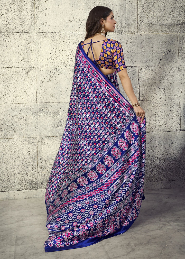 Navy Blue Modal Satin Ajrakh Print Saree with Contrast Blouse