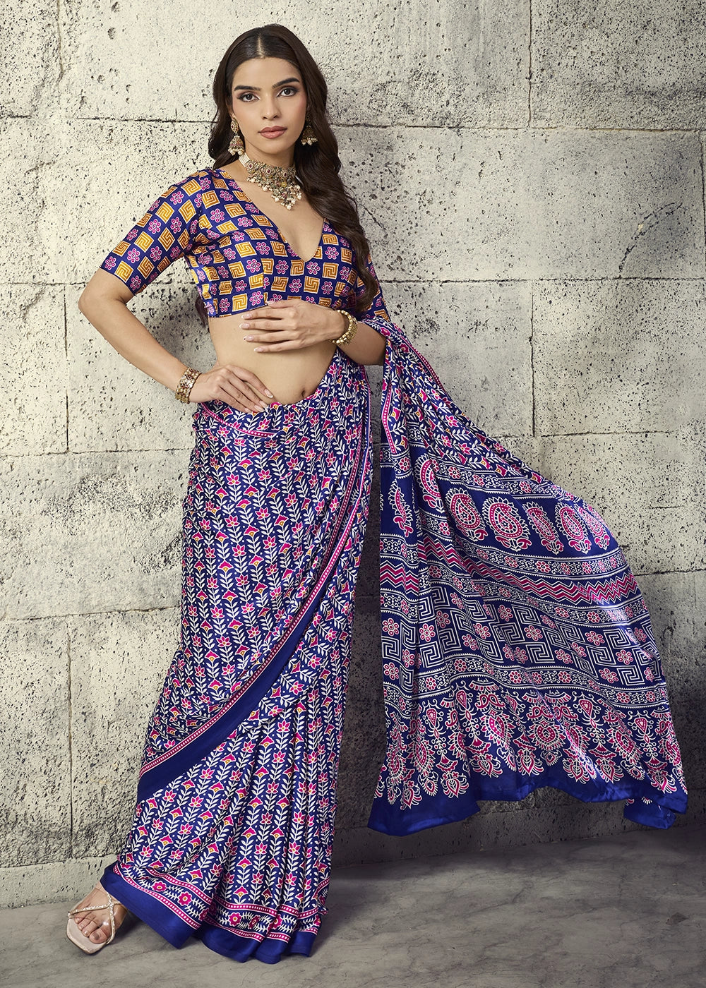 Navy Blue Modal Satin Ajrakh Print Saree with Contrast Blouse