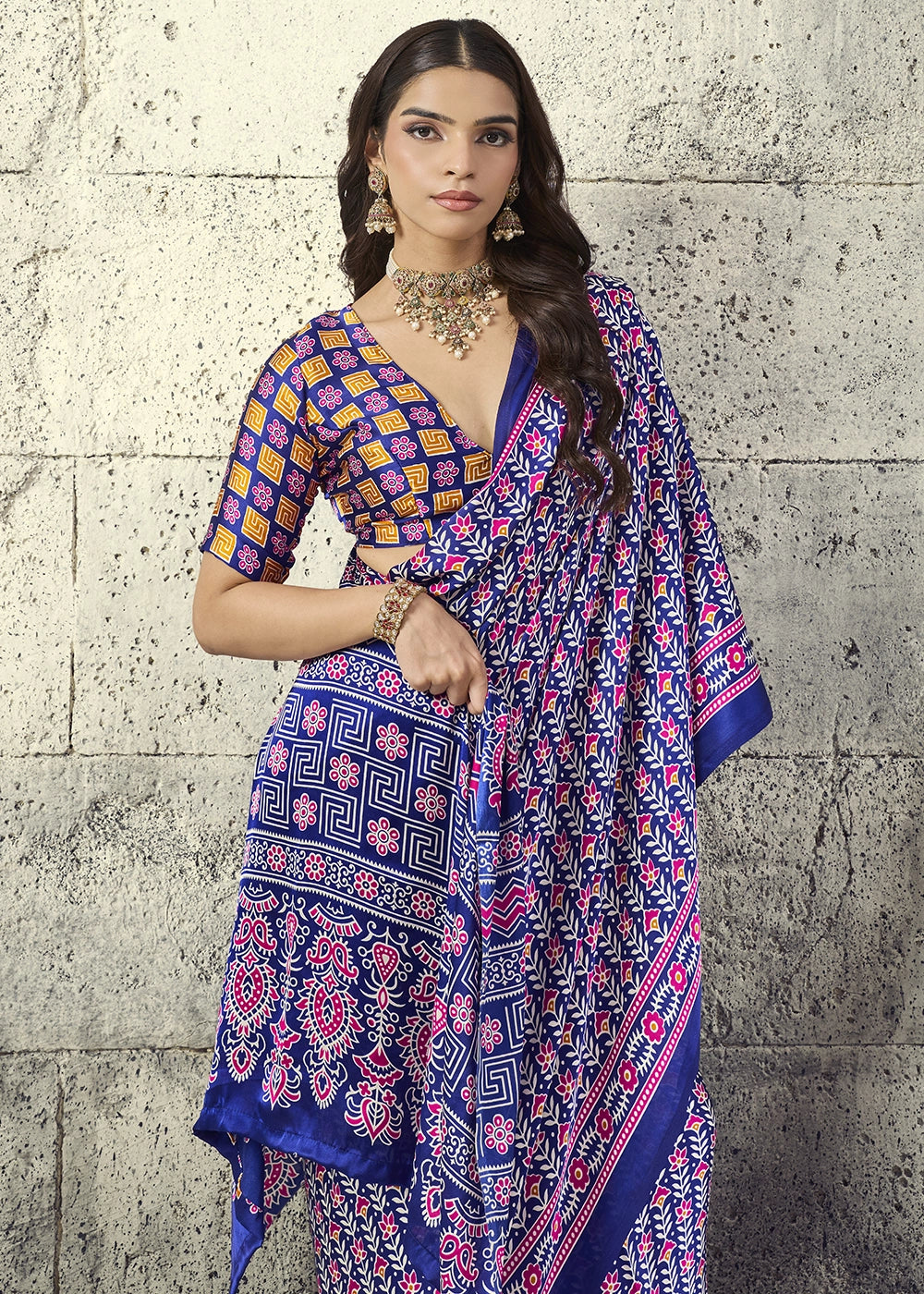 Navy Blue Modal Satin Ajrakh Print Saree with Contrast Blouse