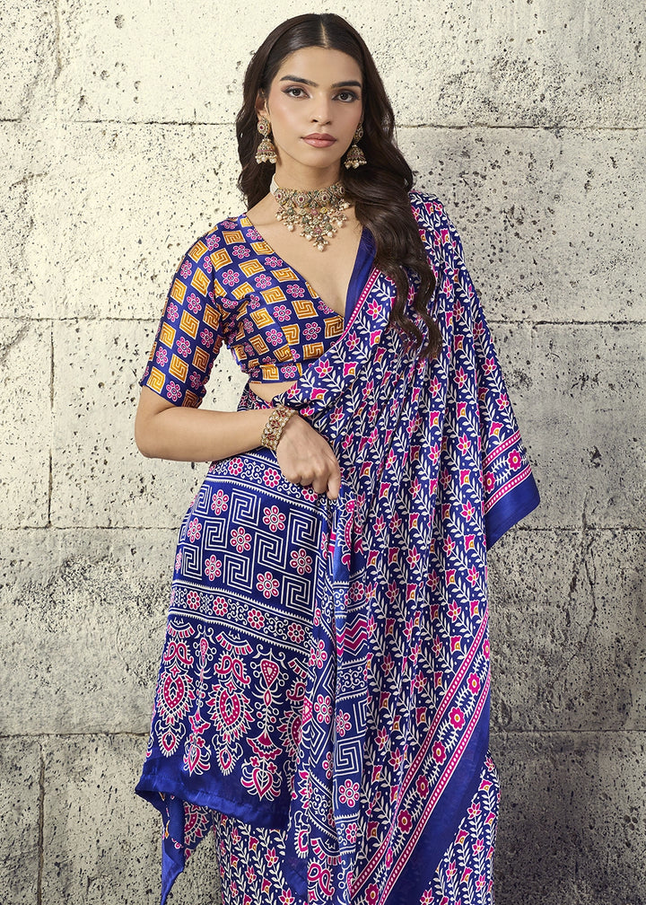 Navy Blue Modal Satin Ajrakh Print Saree with Contrast Blouse