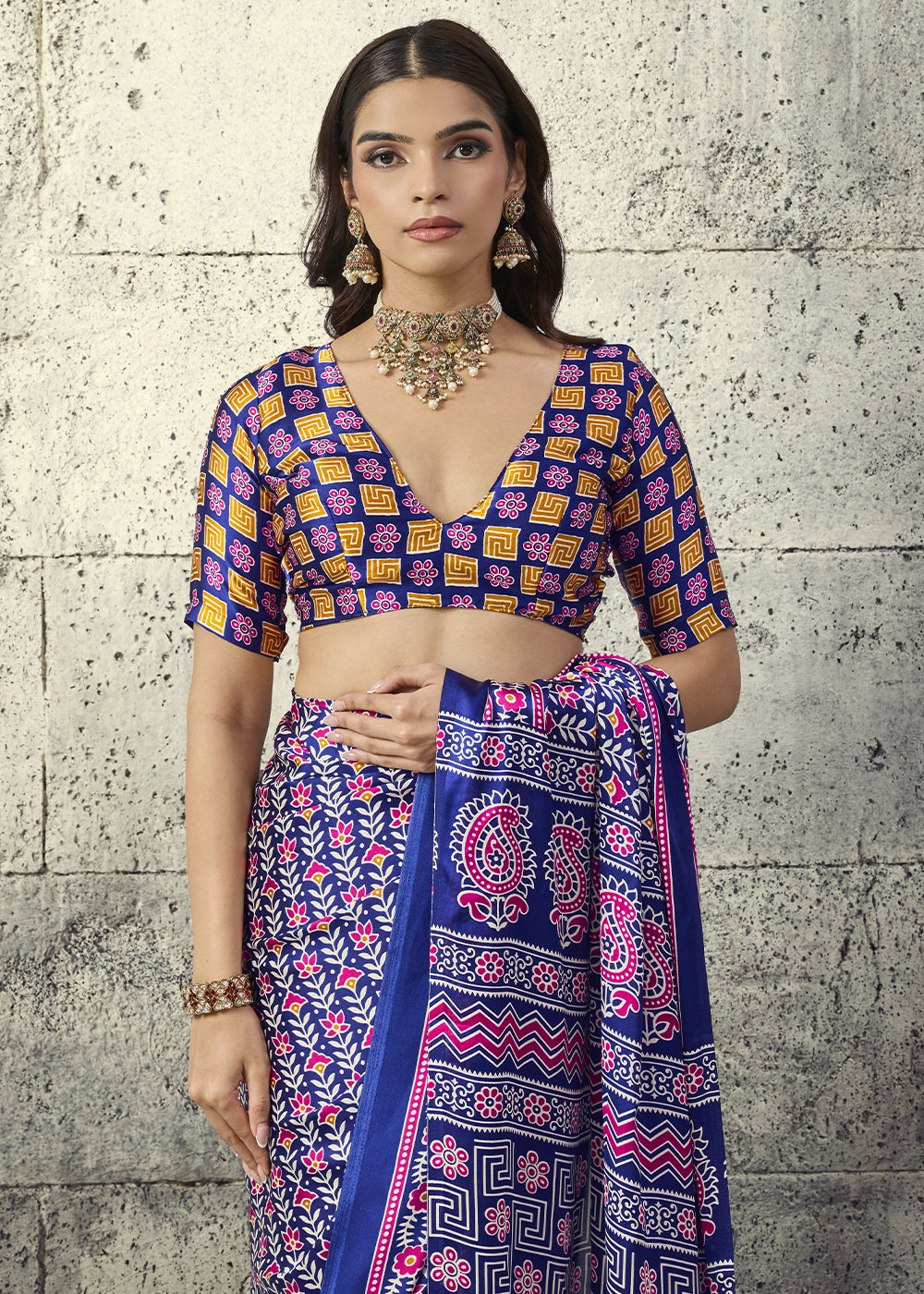 Navy Blue Modal Satin Ajrakh Print Saree with Contrast Blouse
