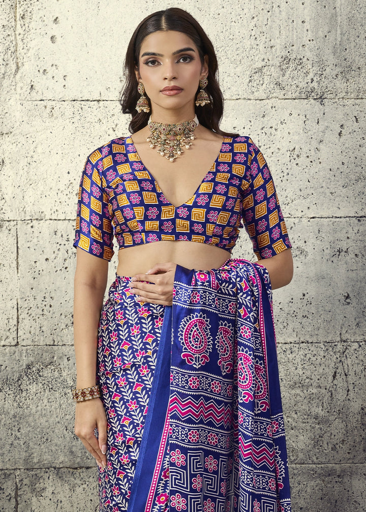 Navy Blue Modal Satin Ajrakh Print Saree with Contrast Blouse