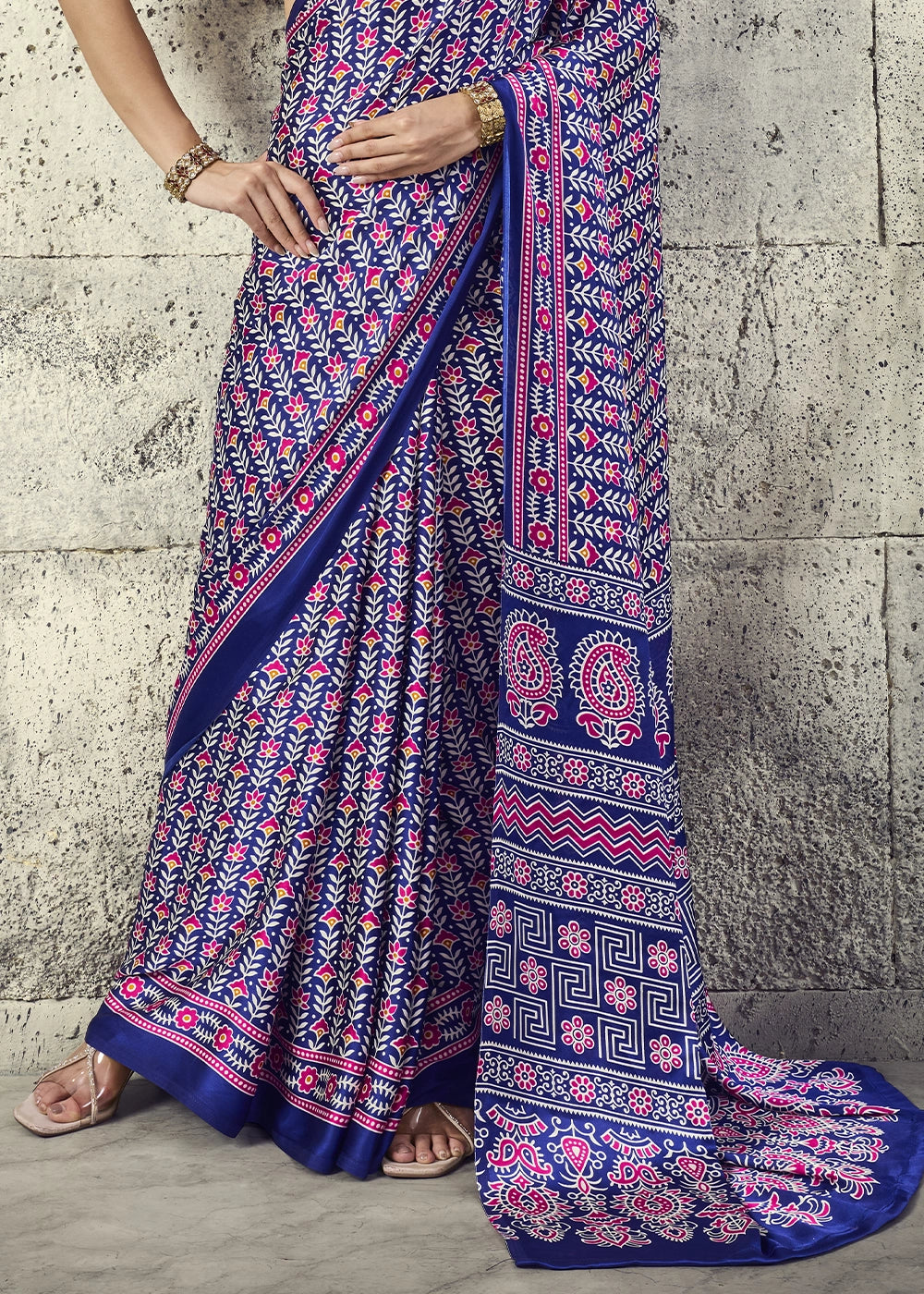 Navy Blue Modal Satin Ajrakh Print Saree with Contrast Blouse