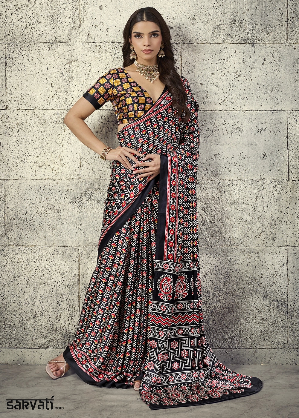 Black Modal Satin Ajrakh Print Saree with Contrast Blouse