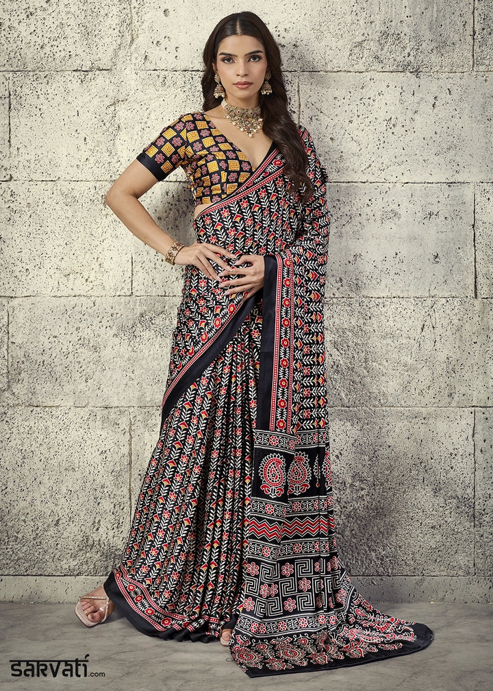 Black Modal Satin Ajrakh Print Saree with Contrast Blouse