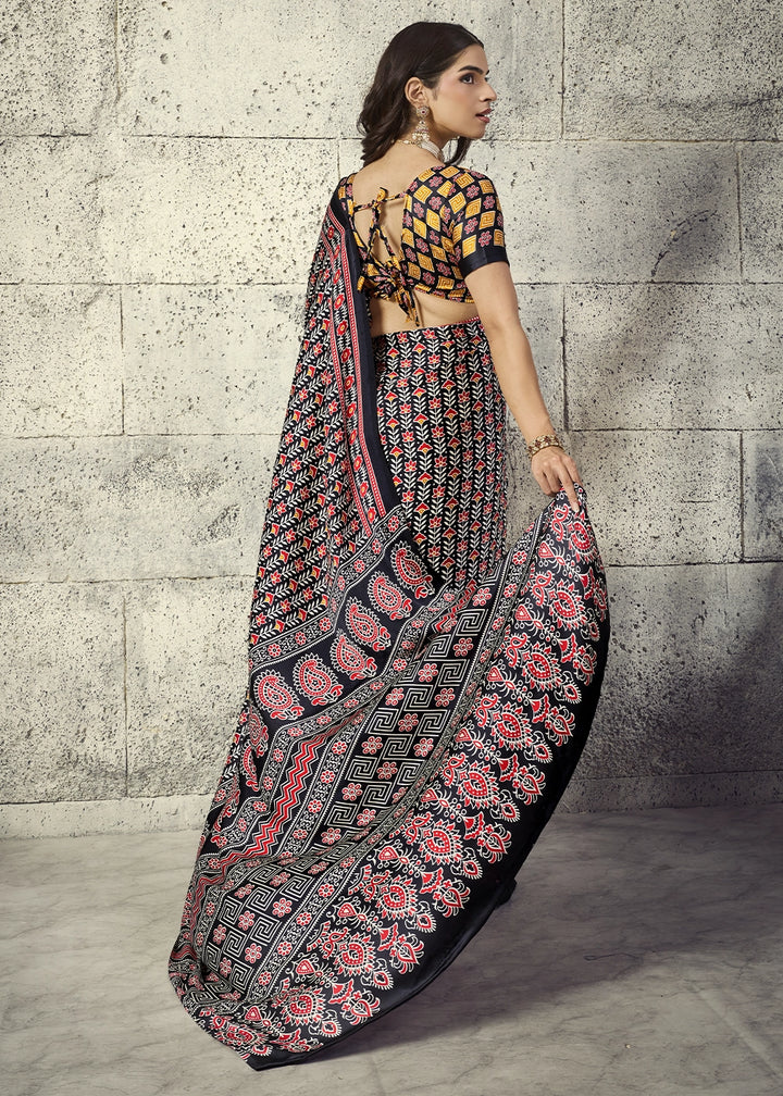 Black Modal Satin Ajrakh Print Saree with Contrast Blouse