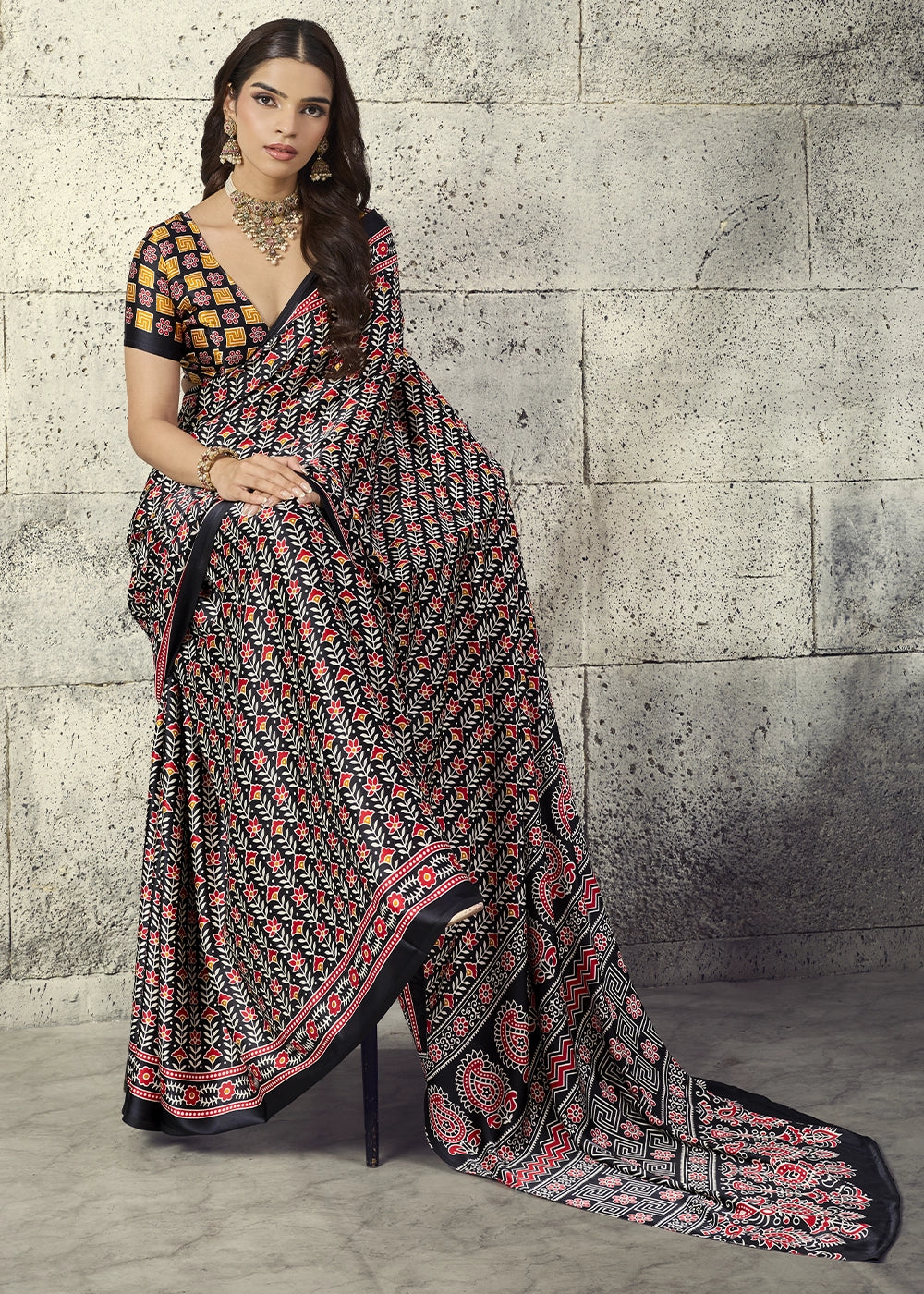 Black Modal Satin Ajrakh Print Saree with Contrast Blouse
