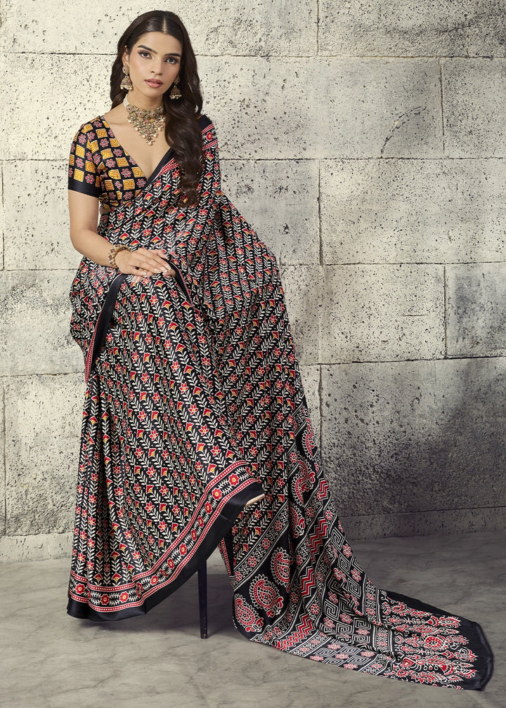 Black Modal Satin Ajrakh Print Saree with Contrast Blouse