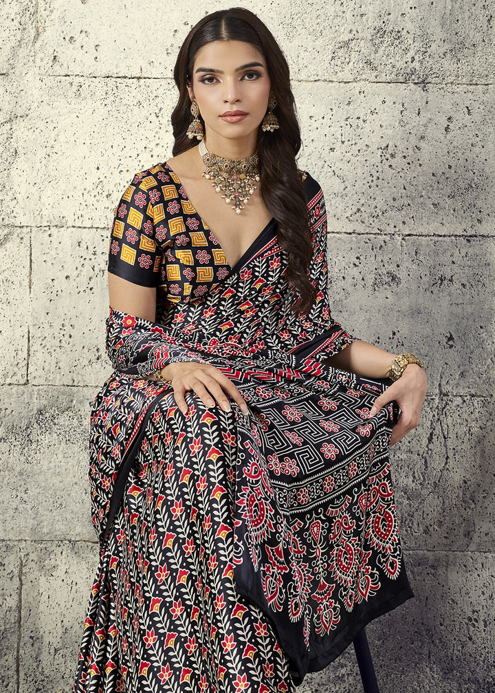 Black Modal Satin Ajrakh Print Saree with Contrast Blouse