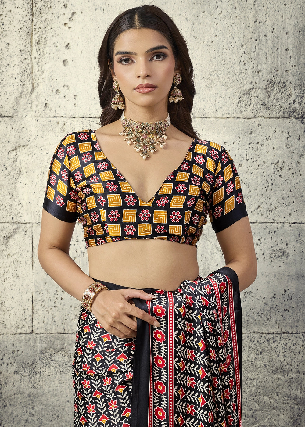 Black Modal Satin Ajrakh Print Saree with Contrast Blouse