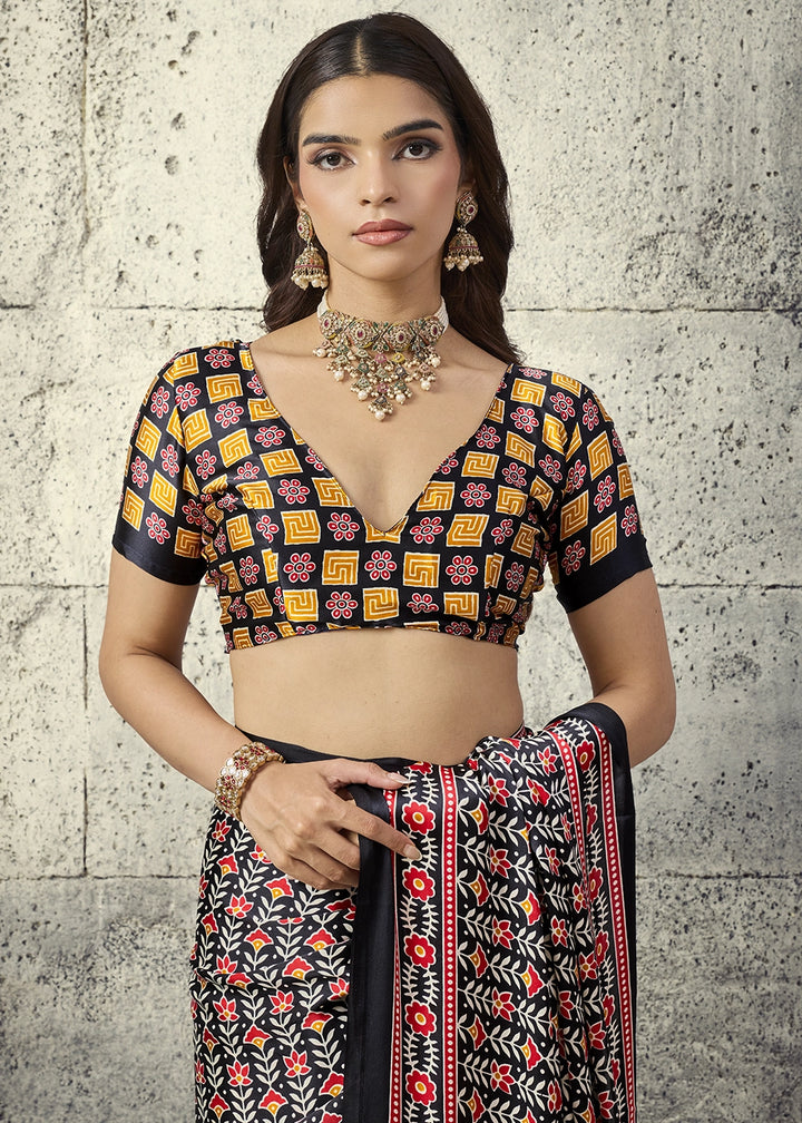 Black Modal Satin Ajrakh Print Saree with Contrast Blouse