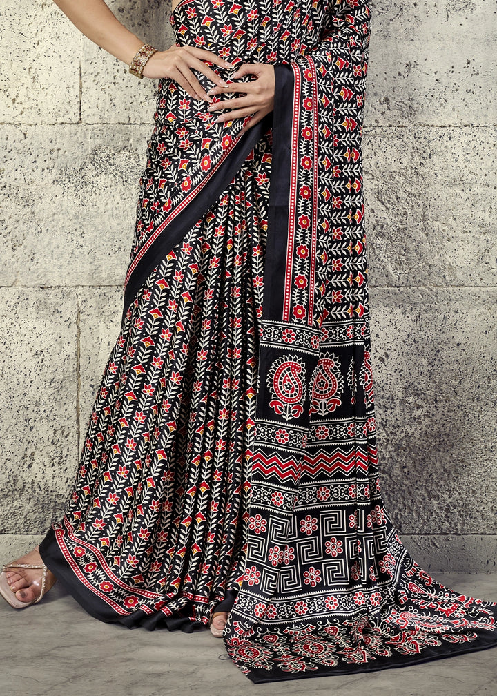 Black Modal Satin Ajrakh Print Saree with Contrast Blouse