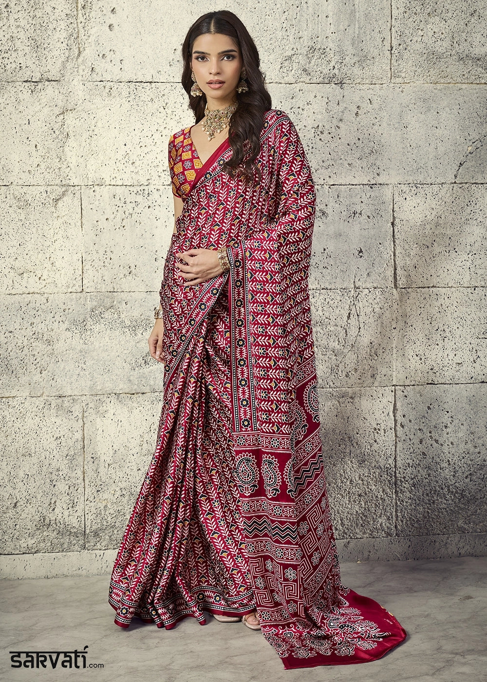 Maroon Modal Satin Ajrakh Print Saree with Contrast Blouse