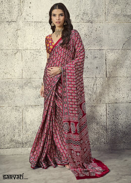 Maroon Modal Satin Ajrakh Print Saree with Contrast Blouse