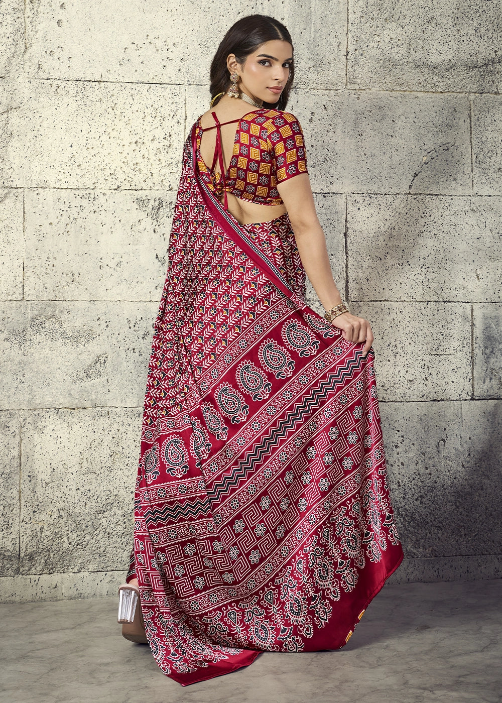 Maroon Modal Satin Ajrakh Print Saree with Contrast Blouse
