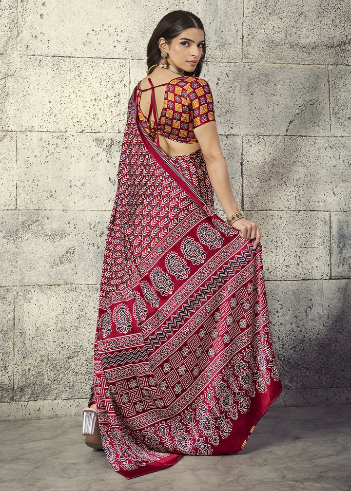 Maroon Modal Satin Ajrakh Print Saree with Contrast Blouse