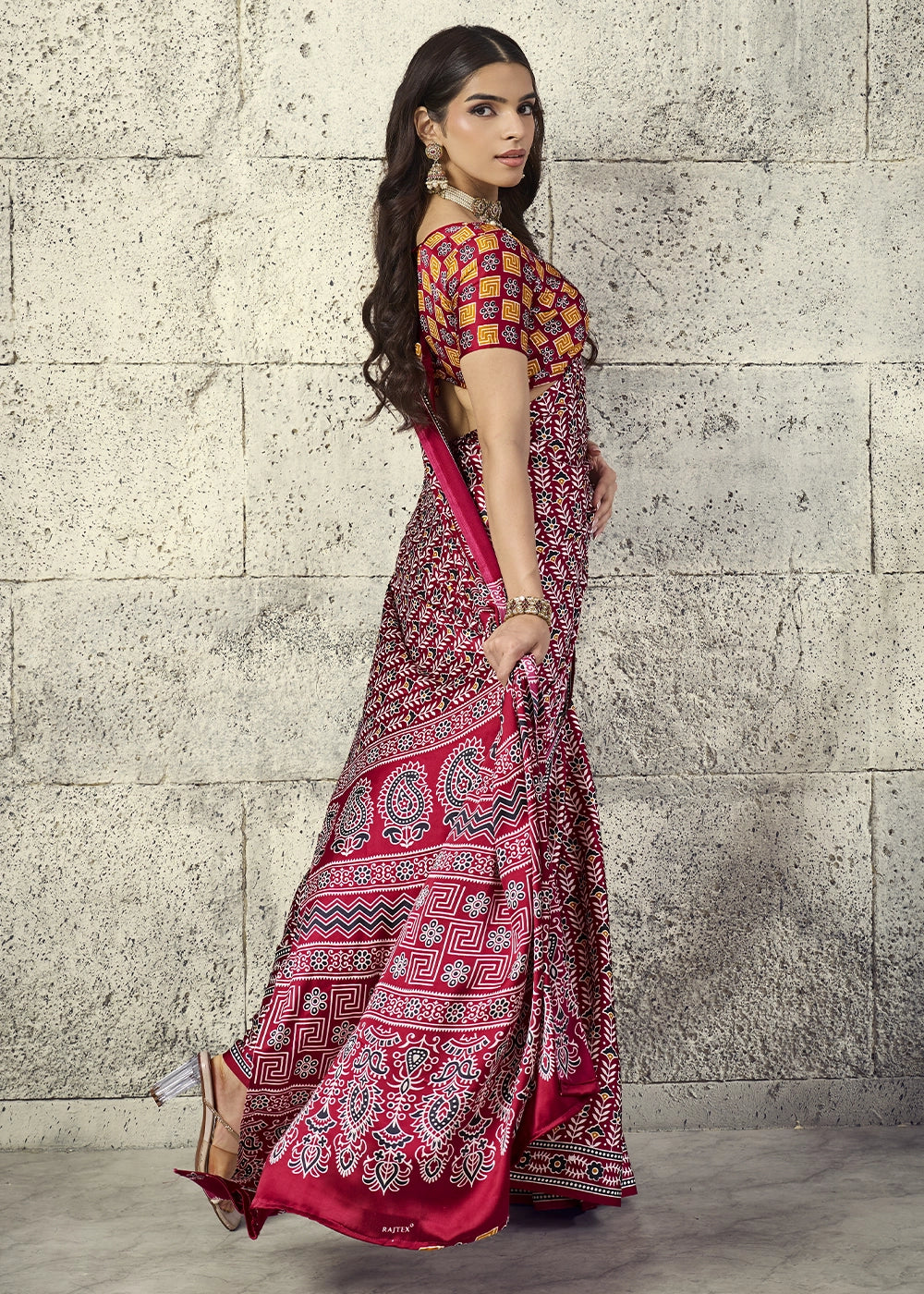 Maroon Modal Satin Ajrakh Print Saree with Contrast Blouse