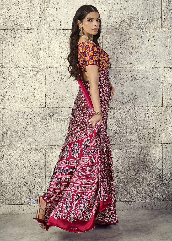 Maroon Modal Satin Ajrakh Print Saree with Contrast Blouse
