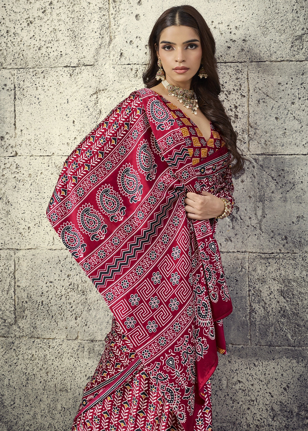 Maroon Modal Satin Ajrakh Print Saree with Contrast Blouse