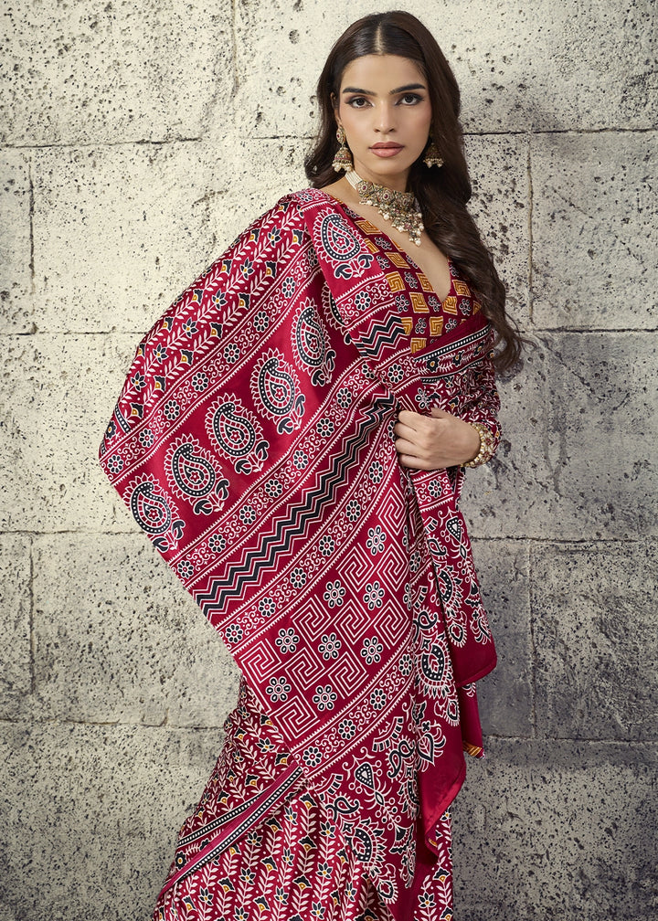 Maroon Modal Satin Ajrakh Print Saree with Contrast Blouse