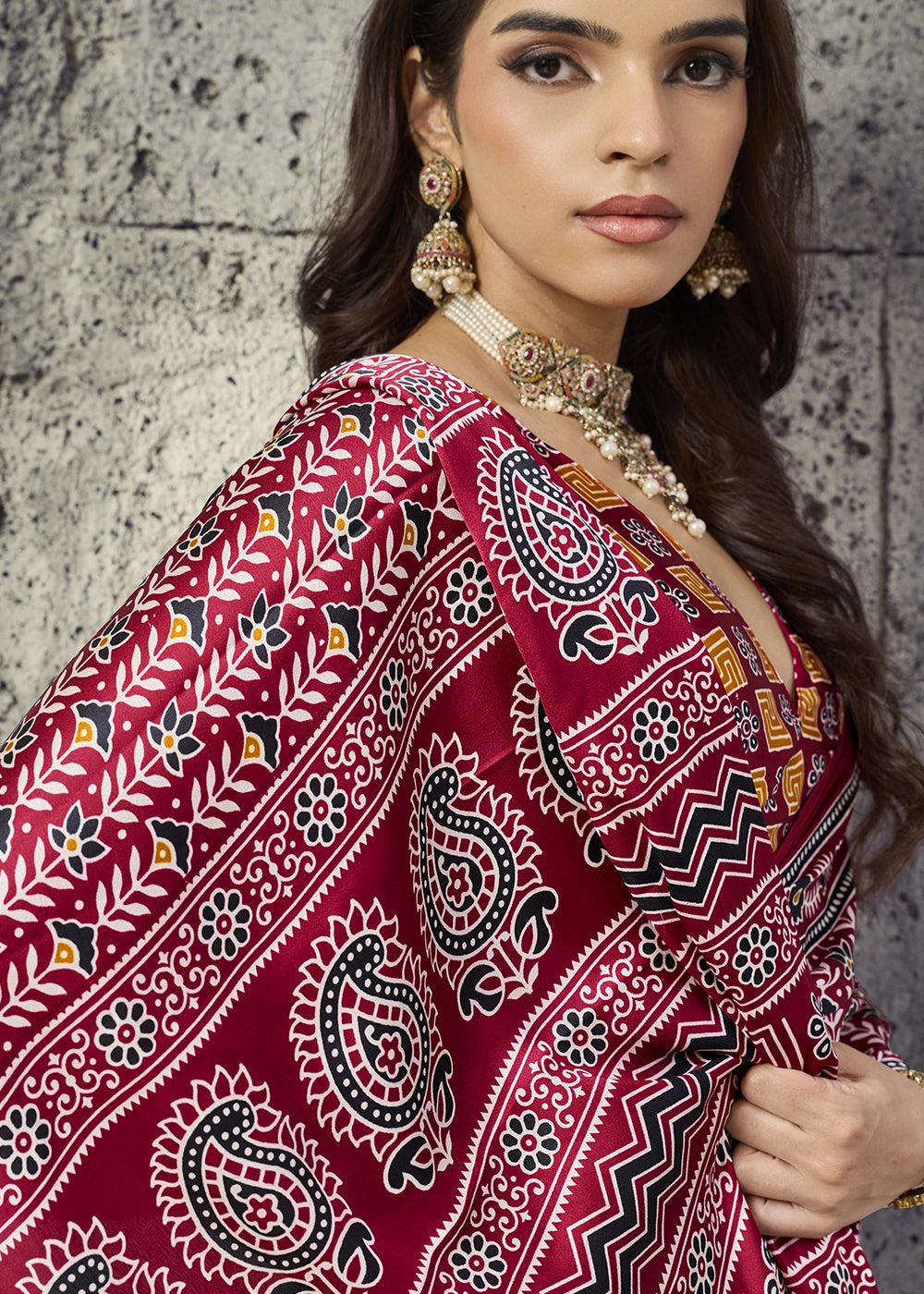 Maroon Modal Satin Ajrakh Print Saree with Contrast Blouse