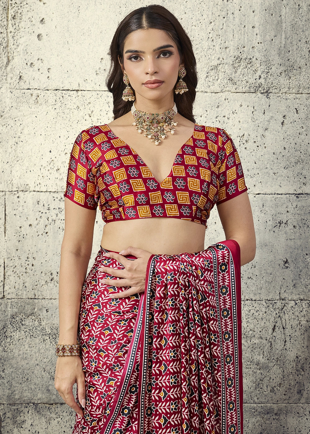 Maroon Modal Satin Ajrakh Print Saree with Contrast Blouse