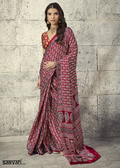 Maroon Modal Satin Ajrakh Print Saree with Contrast Blouse