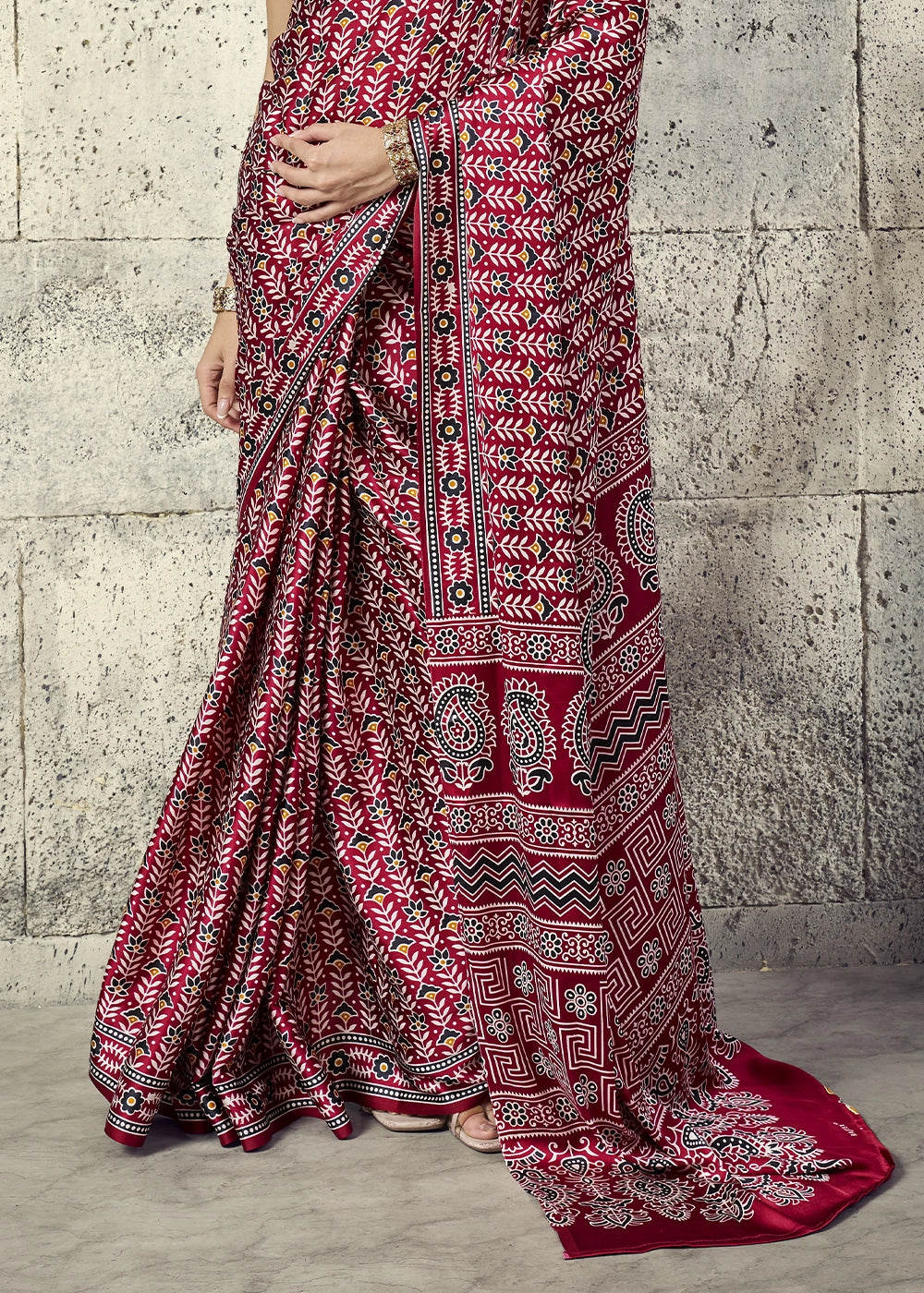 Maroon Modal Satin Ajrakh Print Saree with Contrast Blouse